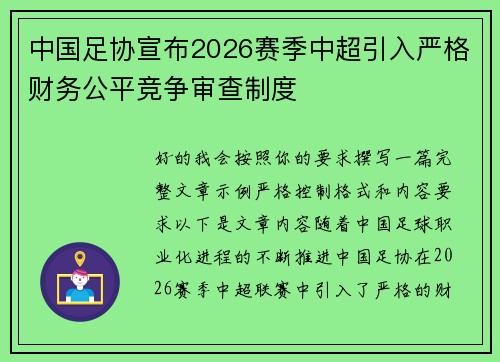 中国足协宣布2026赛季中超引入严格财务公平竞争审查制度 中国足协宣布2026赛季中超引入严格财务公平竞争审查制度